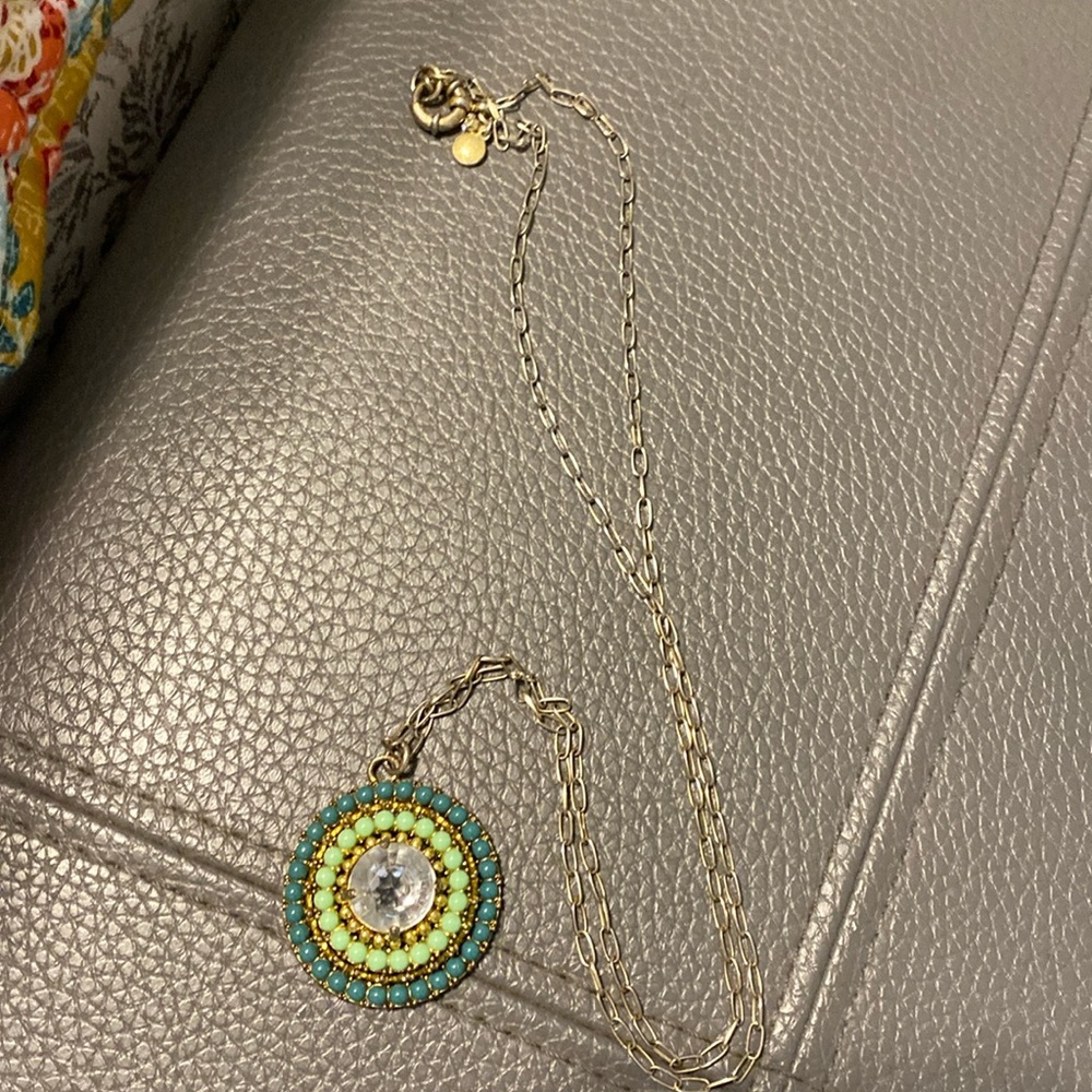 J Crew 18” inch necklace w lovely green and crystal charm/stone